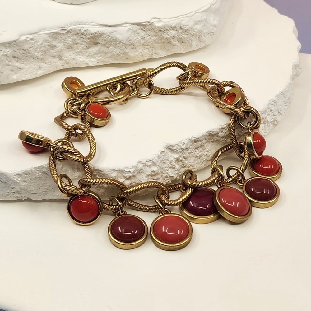 Talbots Gold Tone Red Purple Cabochon Charm Bracelet Textured Links Toggle Gift